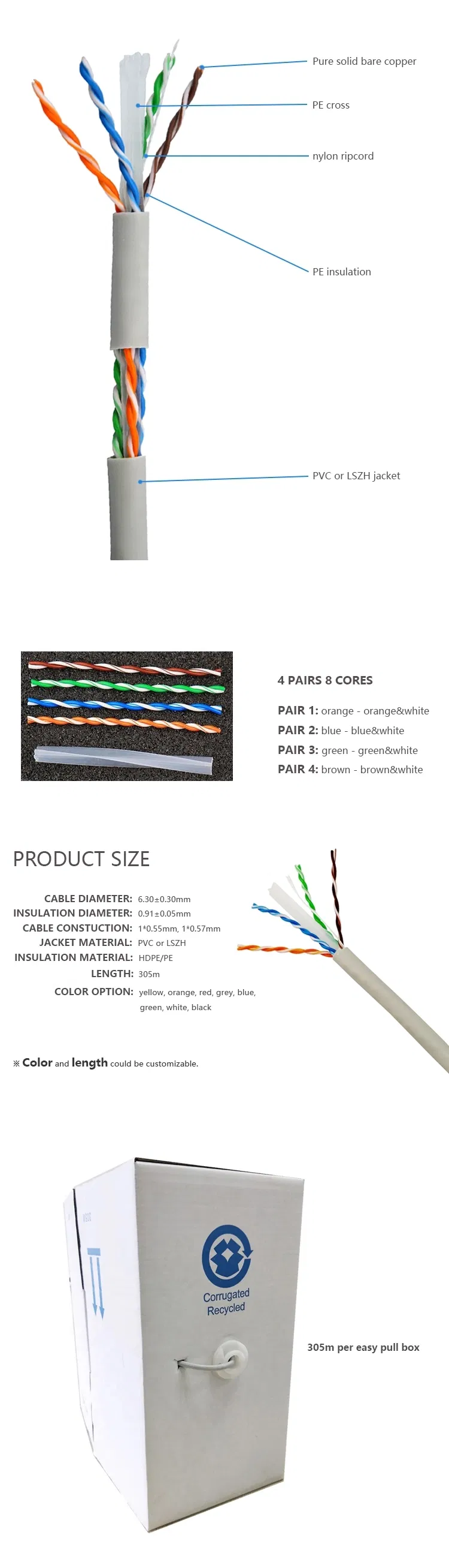 05m 1000FT CAT6A FTP Ethernet Cable CAT6A LAN Cable 500MHz 10gbps