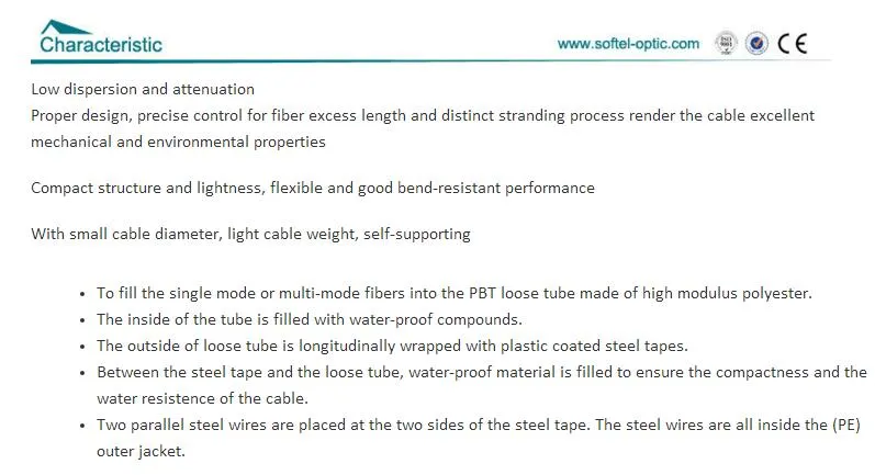 GYXTW 2-24 Cores Application for Aerial/ Duct /Direct Burial Fiber Cable /G652D Fiber Optical Cable