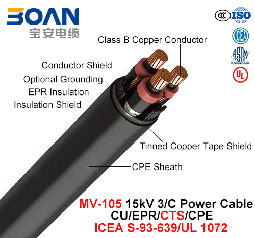 Mv-105, Power Cable, 15 Kv, 3/C, Cu/Epr/Cts/CPE (ICEA S-93-639/NEMA WC71/UL 1072 )