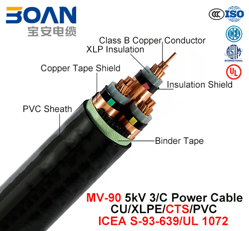 Mv-90, Power Cable, 5 Kv, 3/C, Cu/XLPE/Cts/PVC (ICEA S-93-639/NEMA WC71/UL 1072 )