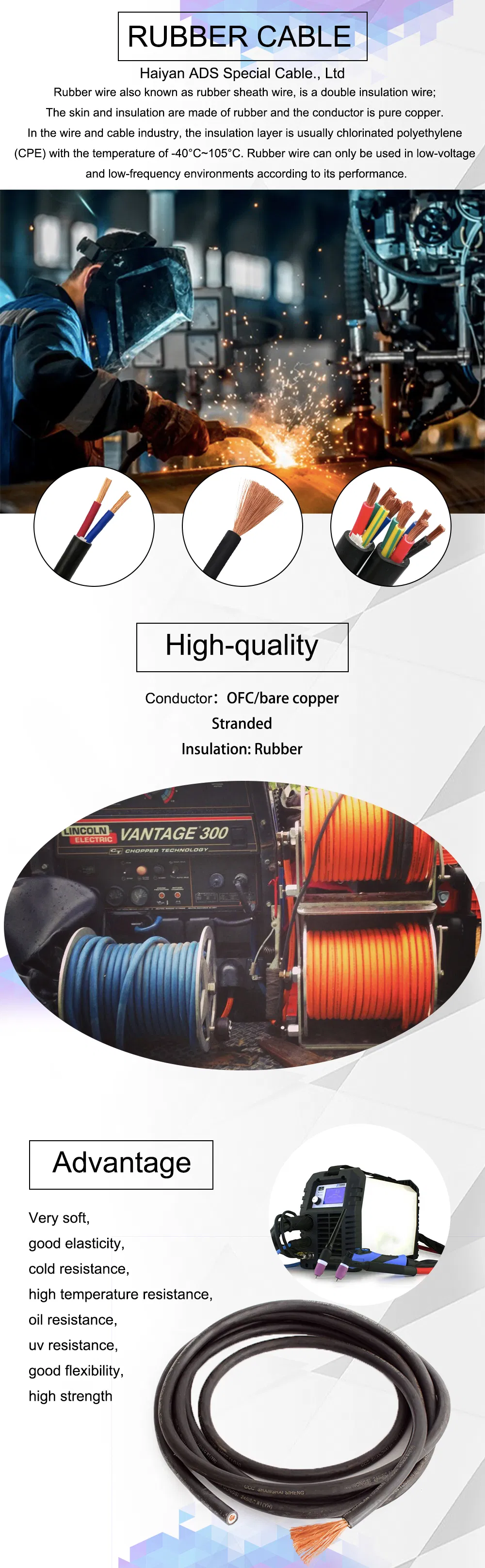 OEM Offered Rubber Cable with 30mm2 35mm2 50mm2 70mm2 120mm2 185mm2 2core 3 Core 4 Core Welding Cable