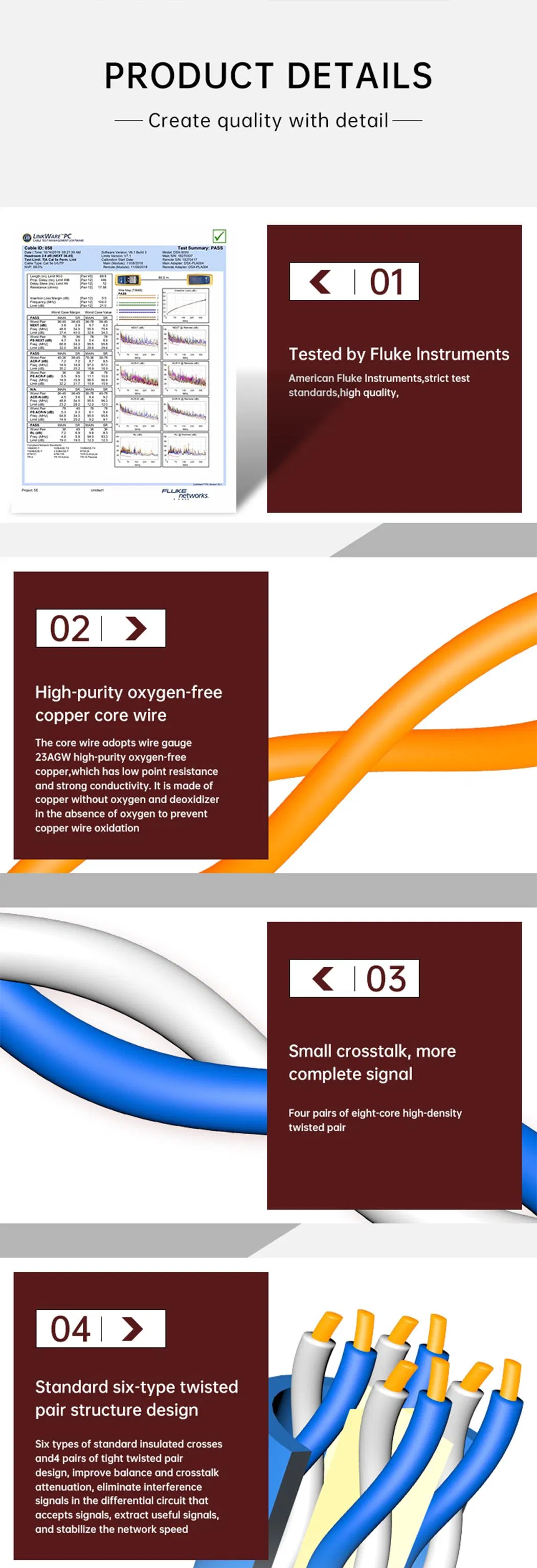 Outdoor Solid Bare Copper Round Wire Cat 6 LAN Cable with PE/PVC/LSZH Outer Jacket