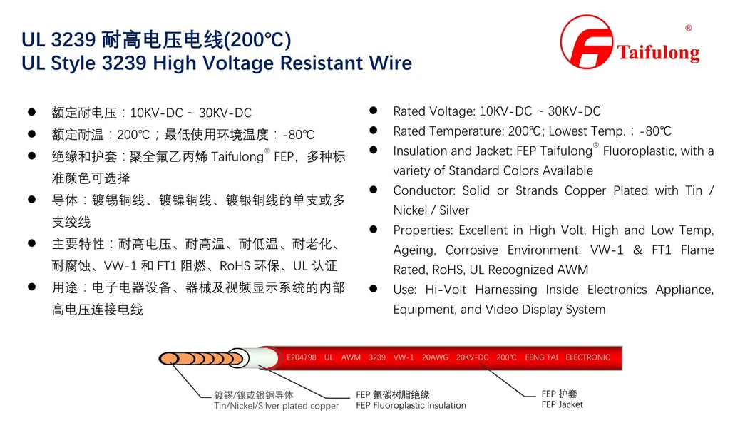 Taifulong FEP High-Voltage UL3239 20AWG 200&deg; C 20kv-DC Tinned Copper Electric Wire High Temperature Resistan Teflon Cable