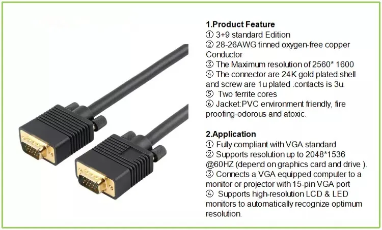 VGA to VGA Cable 3+9 for Computers, Monitors, Projectors, Dvds, and Set-Top Boxes